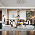 Elegant Modern Living Room Interior With Sofa Coffee Table Chandelier Rug And Green Plant