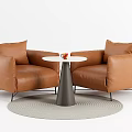 Brown Leather Armchairs With Round Table Set On Gray Circular Rug 3d model