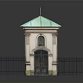 Stone Gate With Green Roof And Black Fence Surrounding Structure