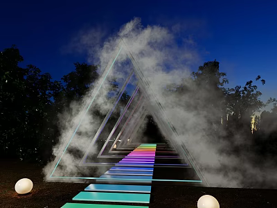 Outdoor Night Triangle Installation With Mist Colorful Steps Trees And Round Lights 3d model