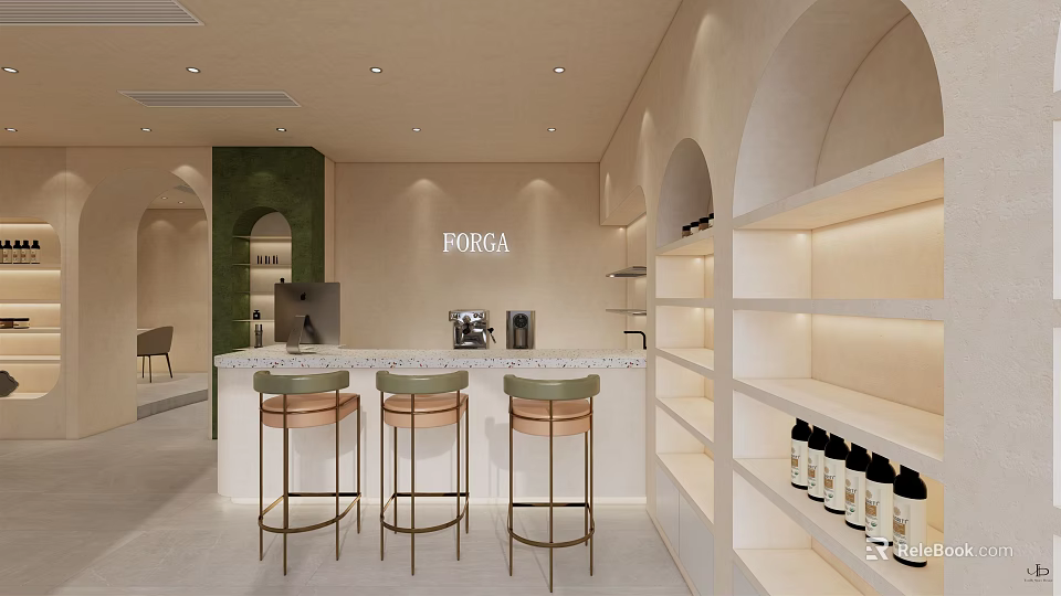 Modern Hair And Beauty Salon Interior With Bar Counter Green Wall White Shelves And Lighting 3d model 