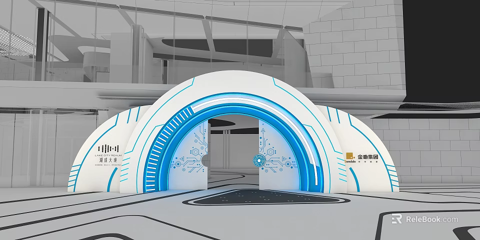 Futuristic Arched Entrance Gate With Blue Illuminated Lines And Modern Tech Design 3d model 