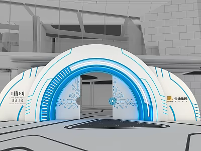 Futuristic Arched Entrance Gate With Blue Illuminated Lines And Modern Tech Design 3d model