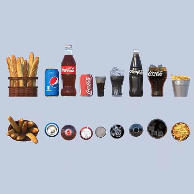 Bottled and Canned Beverages Including Pepsi Coca-Cola with Glass Ice Bread and Fries 3d model