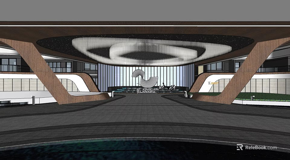 Modern Entrance Gate Design Featuring Circular Ceiling Lighting And Dark Floor 3d model 