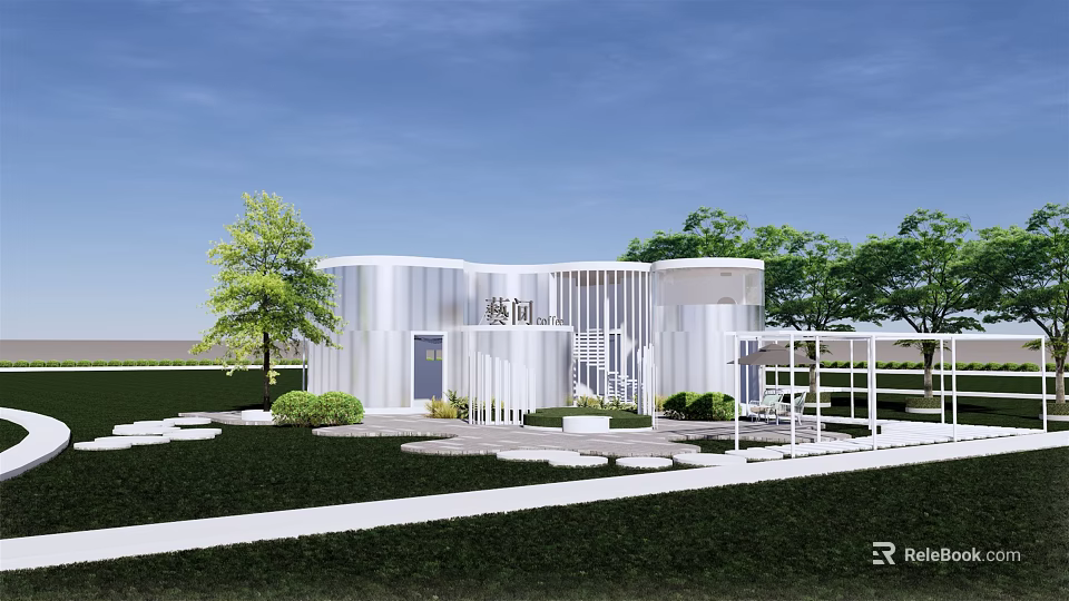 Modern White Building Exterior With Landscaped Garden Trees Lawn Pathway Steps 3d model 
