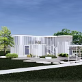 Modern White Building Exterior With Landscaped Garden Trees Lawn Pathway Steps