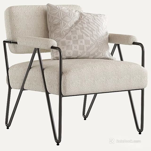 Modern Beige Fabric Accent Chair With Black Metal Frame And Geometric Pillow 3d model 