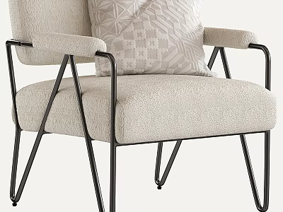 Modern Beige Fabric Accent Chair With Black Metal Frame And Geometric Pillow 3d model