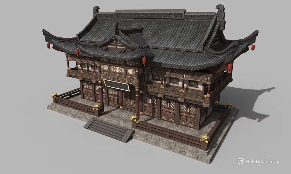 Ancient Chinese Architectural Building With Overhanging Eaves Tile Roof And Wooden Details 3d model 