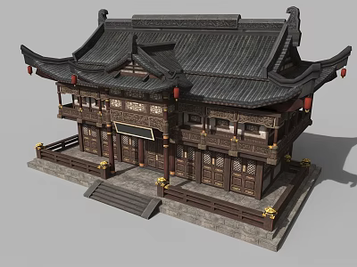 Ancient Chinese Architectural Building With Overhanging Eaves Tile Roof And Wooden Details 3d model