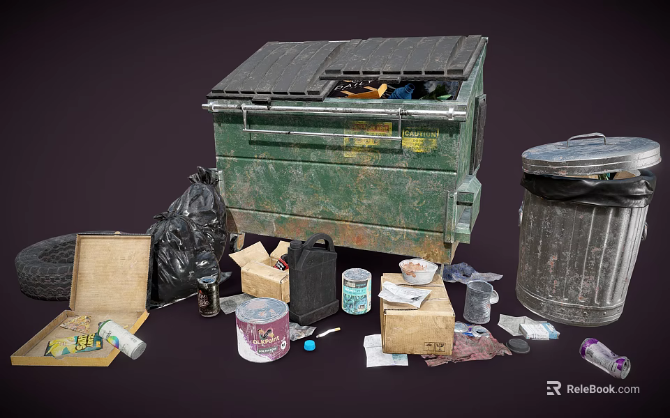 Public Facility Featuring Green Dumpster With Scattered Waste Plastic Bottles Cardboard Boxes And Garbage Bags 3d model 
