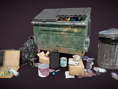 Public Facility Featuring Green Dumpster With Scattered Waste Plastic Bottles Cardboard Boxes And Garbage Bags 3d model