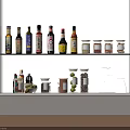 Organized Glass Spice Bottles With Labels On Kitchen Shelf In Various Sizes