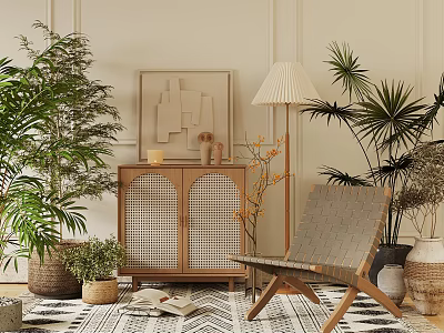 Wooden Dresser with Rattan Door in Living Room with Plants Woven Chair and Floor Lamp 3d model