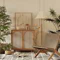 Wooden Dresser with Rattan Door in Living Room with Plants Woven Chair and Floor Lamp