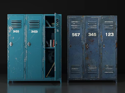 Blue and Rusty Blue Wardrobes Featuring Numbered Doors Open Compartment and Items Inside 3d model