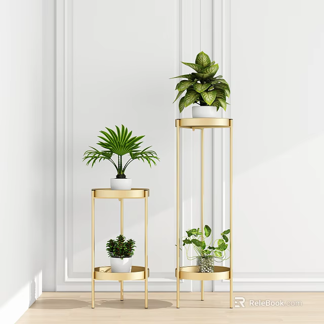 Potted Plants On Tall And Short Golden Stands With Palm Leaves Green Leafy Indoor Decor 3d model 
