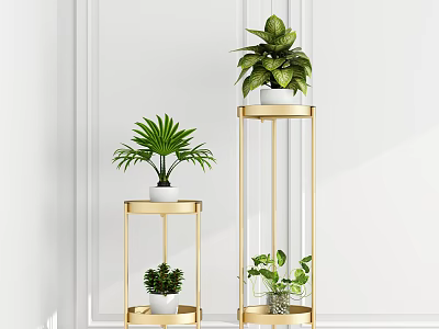 Potted Plants On Tall And Short Golden Stands With Palm Leaves Green Leafy Indoor Decor 3d model