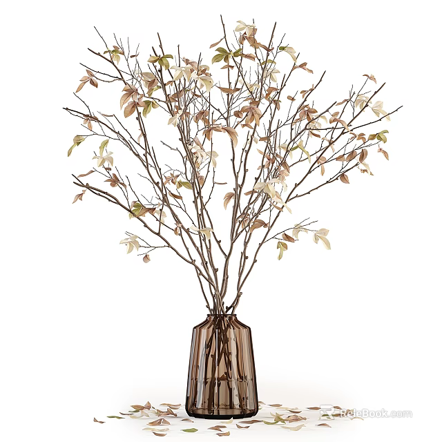 Brown Textured Glass Vase With Natural Branches Green And Brown Leaves For Home Decor 3d model 
