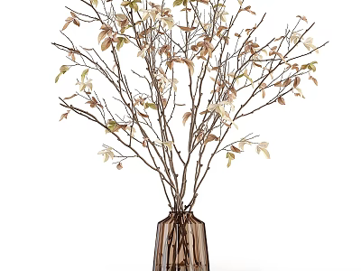 Brown Textured Glass Vase With Natural Branches Green And Brown Leaves For Home Decor 3d model