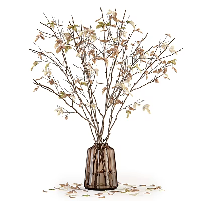 Brown Textured Glass Vase With Natural Branches Green And Brown Leaves For Home Decor 3d model