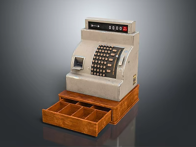 Vintage Commercial Cash Register With Wooden Drawer Mechanical Keyboard And Display Screen 3d model