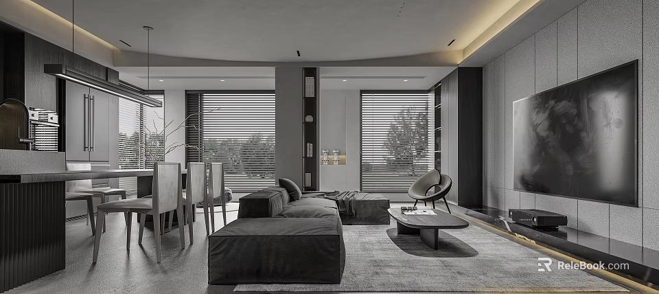 Modern Living Dining Room Interior With Sofa Dining Table And Window Blinds 3d model