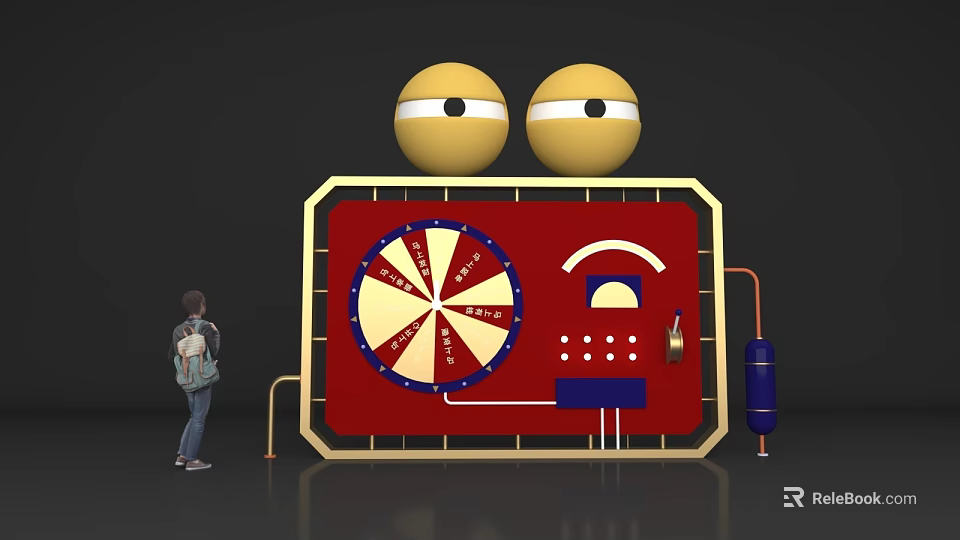 Interactive Zone With Yellow Spheres Wheel Structure Buttons And Pipes Where Person Stands 3d model 