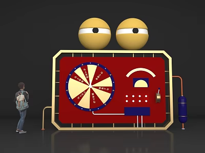 Interactive Zone With Yellow Spheres Wheel Structure Buttons And Pipes Where Person Stands 3d model