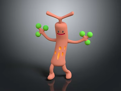 Cute Cartoon Biological Creature Exercising With Green Dumbbells And Orange Body 3d model
