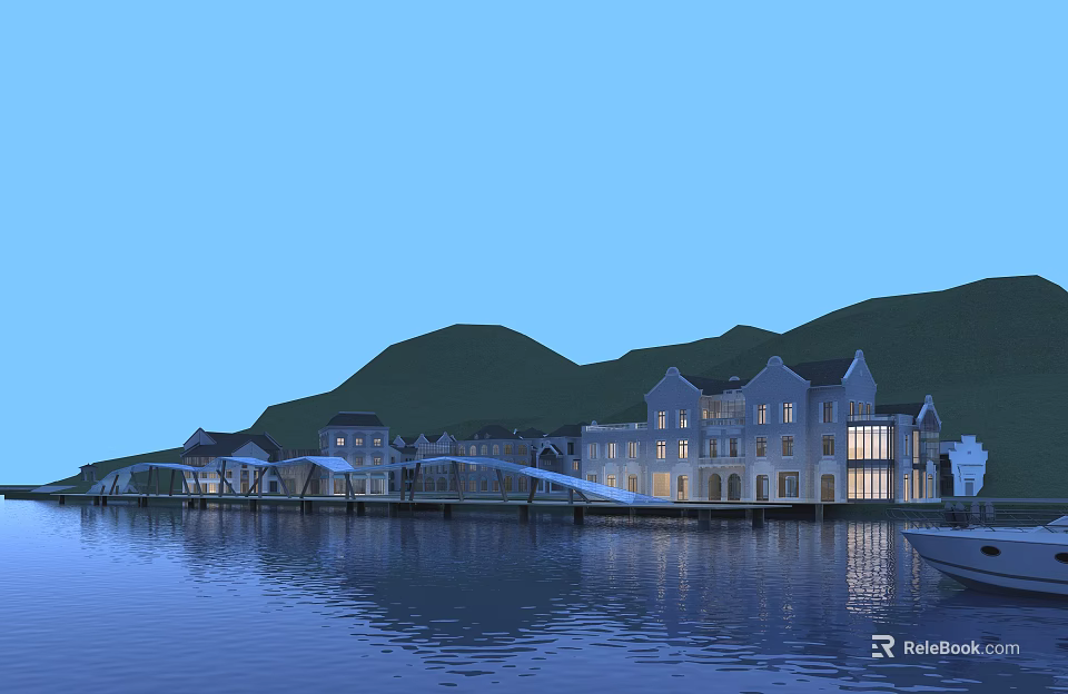 Waterfront Commercial Street With Illuminated Buildings Hills Backdrop And Water Reflections 3d model 