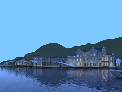Waterfront Commercial Street With Illuminated Buildings Hills Backdrop And Water Reflections 3d model