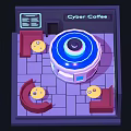 Cartoon Cyber Coffee Shop Interior With Circular Bar Counter Tables Chairs And Screens