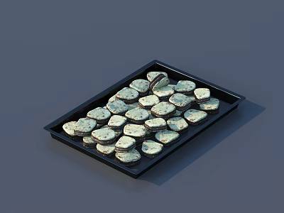 Round Light Green And Dark Brown Cookies On Black Tray With Layered Arrangement 3d model