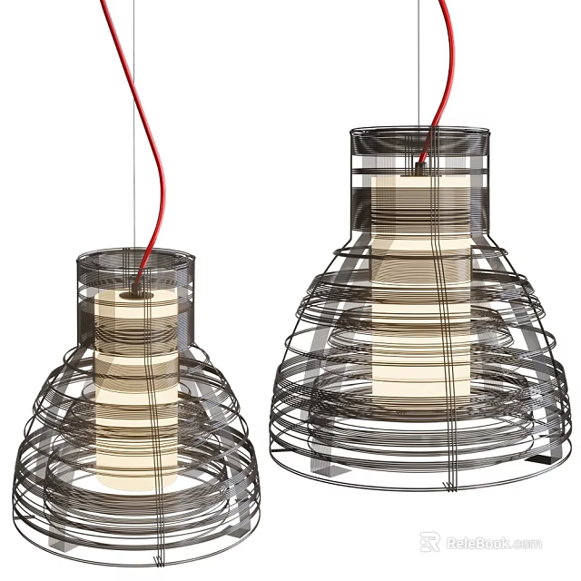 Two Modern Pendant Lights With Wire Frame Structure And Illuminated Inner Lampshade 3d model