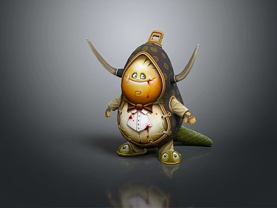 Cute Cartoon 3D Game Movie Character With Yellow Face Horns Green Tail And Standing Pose 3d model