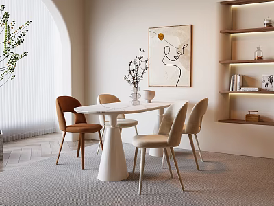 Modern White Round Dining Table Set With Beige Brown Upholstered Chairs Green Plant Artwork Bookshelf 3d model