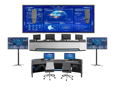 Modern Office Desk Setup With Multiple Monitors Large Screen And Data Displays 3d model