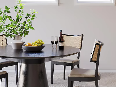 Modern Dining Table Set With Round Table Chairs Green Plant Fruit Bowl And Wine Glasses 3d model