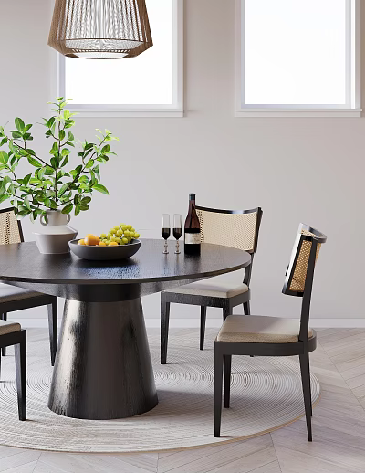Modern Dining Table Set With Round Table Chairs Green Plant Fruit Bowl And Wine Glasses 3d model