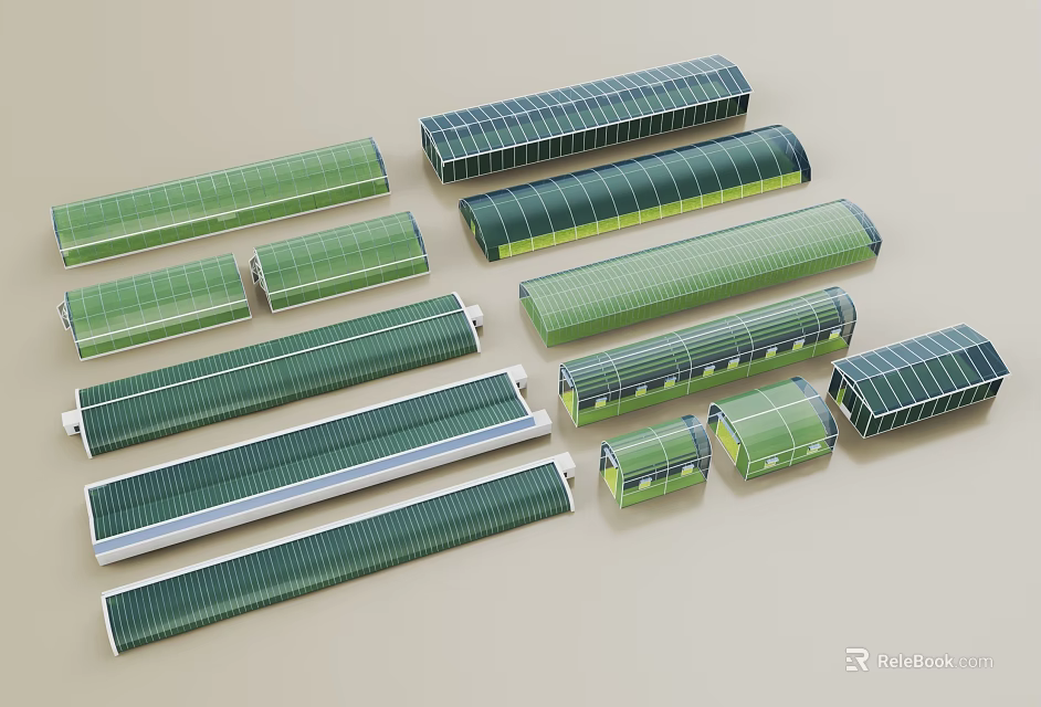 Various Sizes Green Blue Long Rectangular Industrial Components Arranged In 3d model 