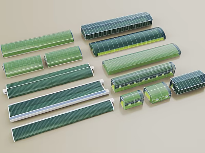 Various Sizes Green Blue Long Rectangular Industrial Components Arranged In 3d model