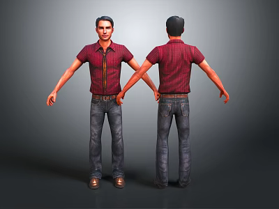 Men's Casual Clothing Set Red Striped Shirt Blue Jeans and Brown Shoes 3d model