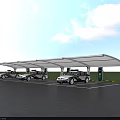 Electric Vehicle Charging Station With Canopy And Multiple White Cars Charging