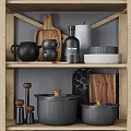 Organized Kitchenware On Wooden Shelves With Pots Bowls Mugs Plates Coffee Machine Jars