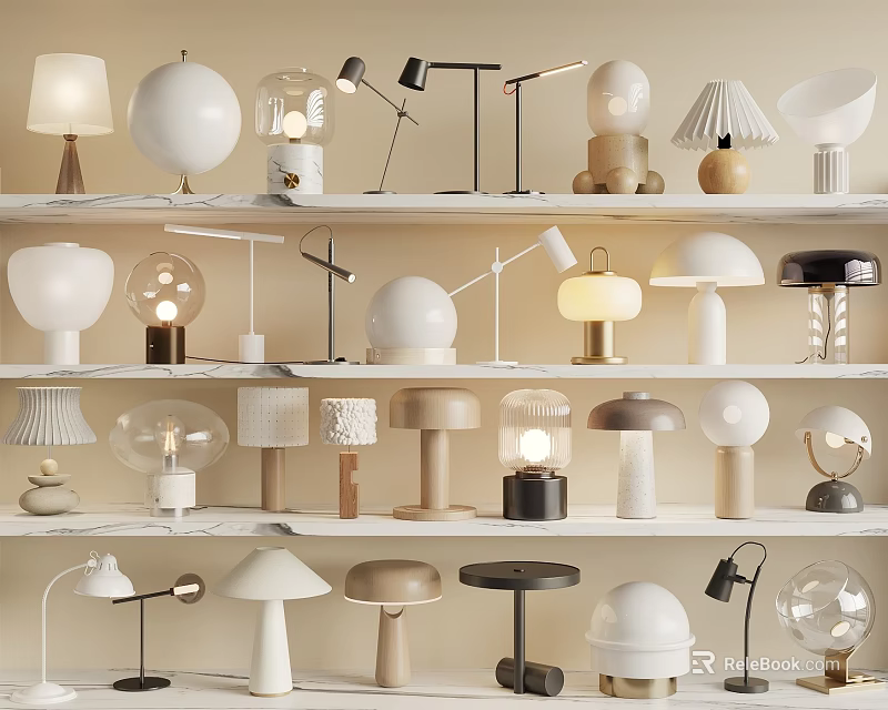 Modern Table Lamps With Diverse Designs And Shapes Displayed On Shelves 3d model 
