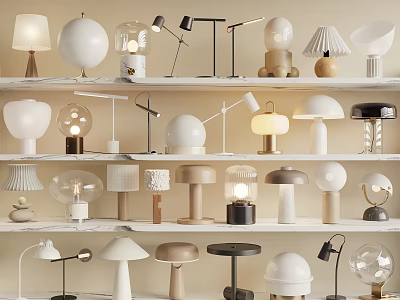 Modern Table Lamps With Diverse Designs And Shapes Displayed On Shelves 3d model