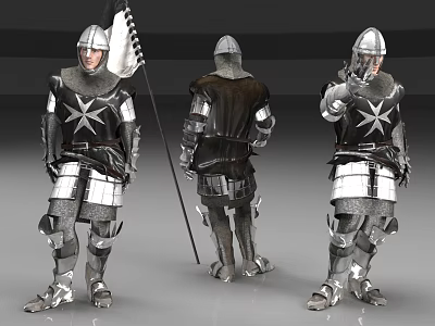 Men In Medieval Knight Armor With Silver Black Details Holding Flag With White Cross 3d model