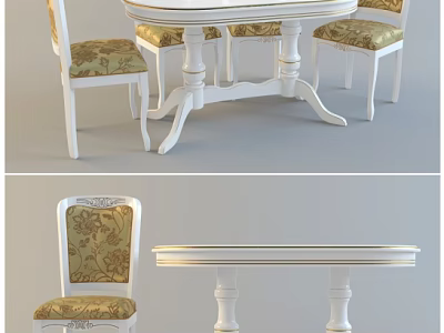 Elegant White Round Dining Table Set With Floral Patterned Upholstered Chairs 3d model